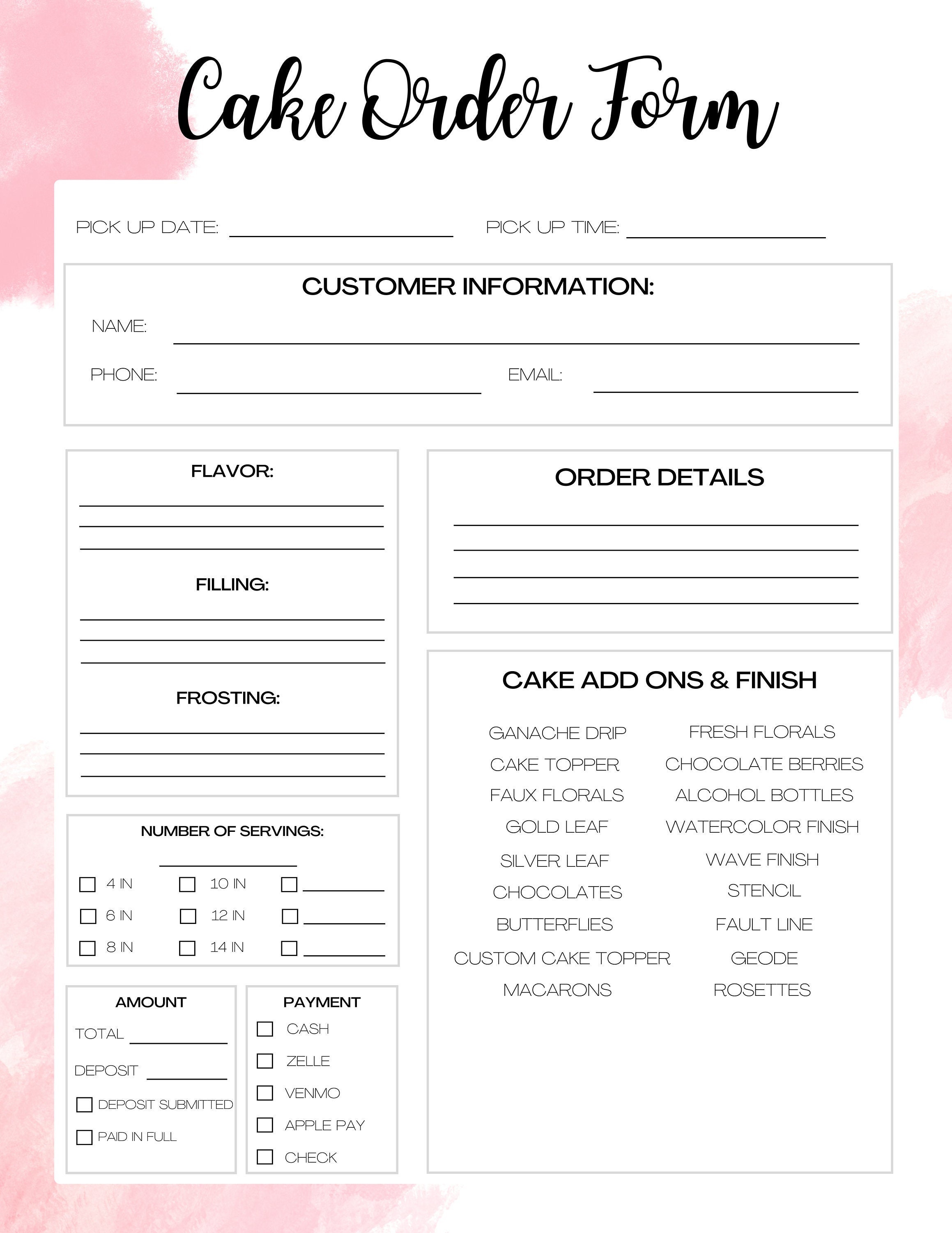 Pink Non Custom Cake Order Form Order Form Template Printable Order Form Order Form Canva Template Small Business Order Forms Etsy
