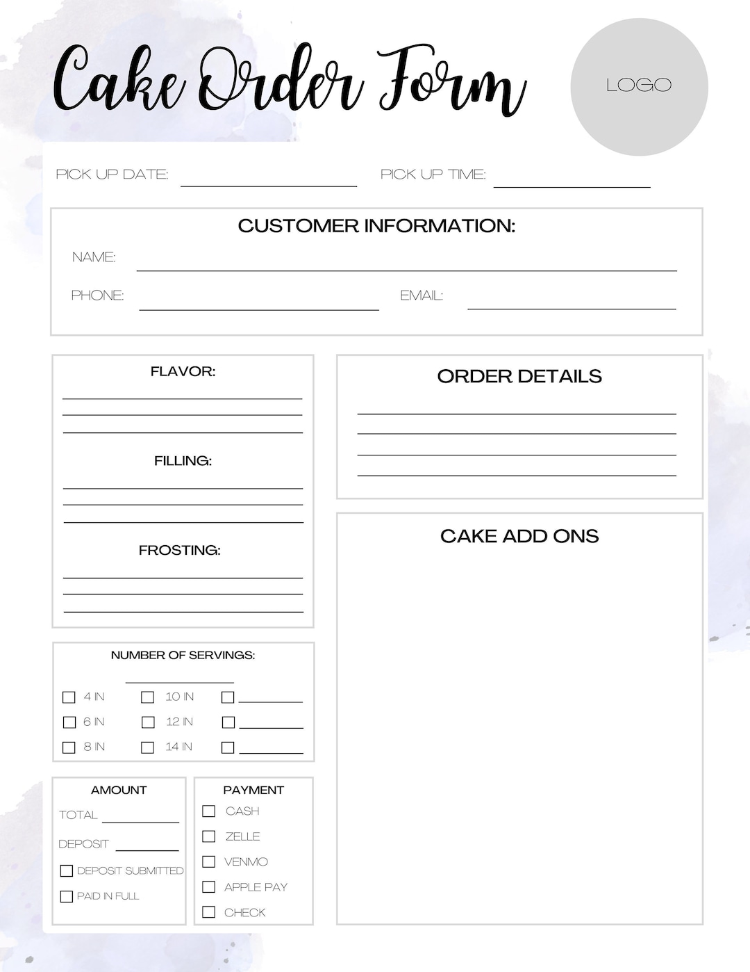 customizable cake order form, order form template, printable order