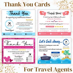Modèle CANVA modifiable de carte de remerciement pour agent de voyages - Total de 8 cartes de remerciement pour agence de voyages