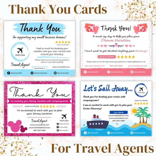 Travel Agents Thank You Card Editable CANVA Template - Total 8 Thank You Cards for Travel Agency