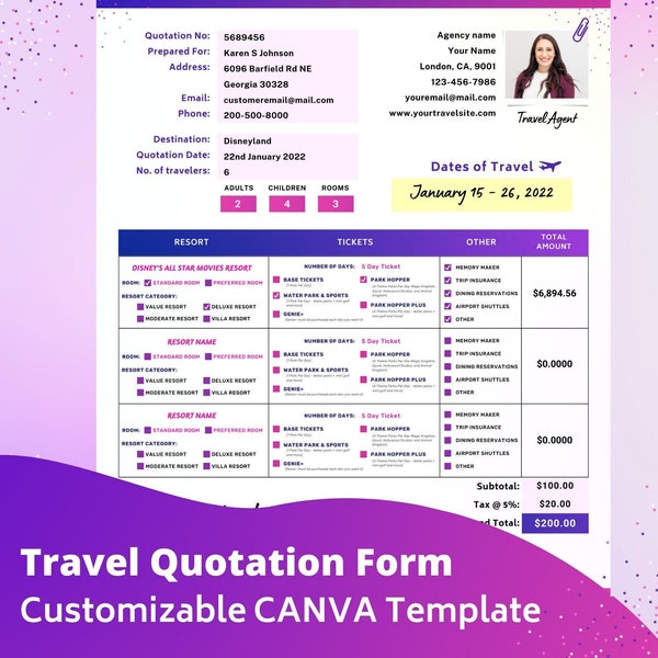 WDW Travel Quotation form for Travel Agent Customizable CANVA Template