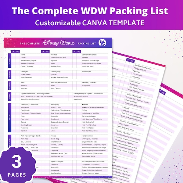 The Complete WDW Packing List CANVA Template + Blank Page Checklist