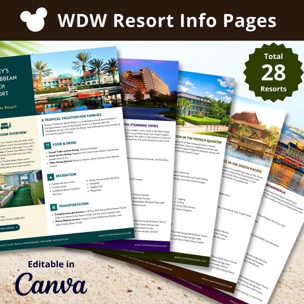 WDW Resort Info Pages for Travel Agent - Editable CANVA Template (total 28 resorts)