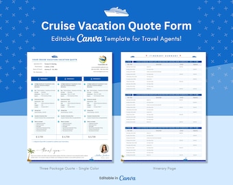 Szablon oferty na rejs dla agentów podróży, w pełni edytowalny w Canva. Oferta na pojedynczy lub trzy pakiety.