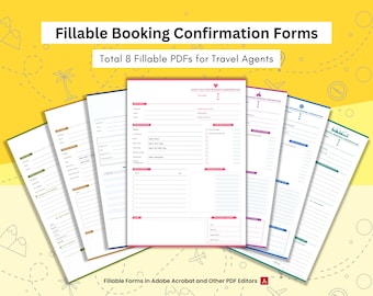 Pakiet formularzy potwierdzających rezerwację dla agentów podróży | 8 profesjonalnie zaprojektowanych formularzy PDF do wypełniania w celu potwierdzenia rezerwacji i organizacji podróży dla klientów
