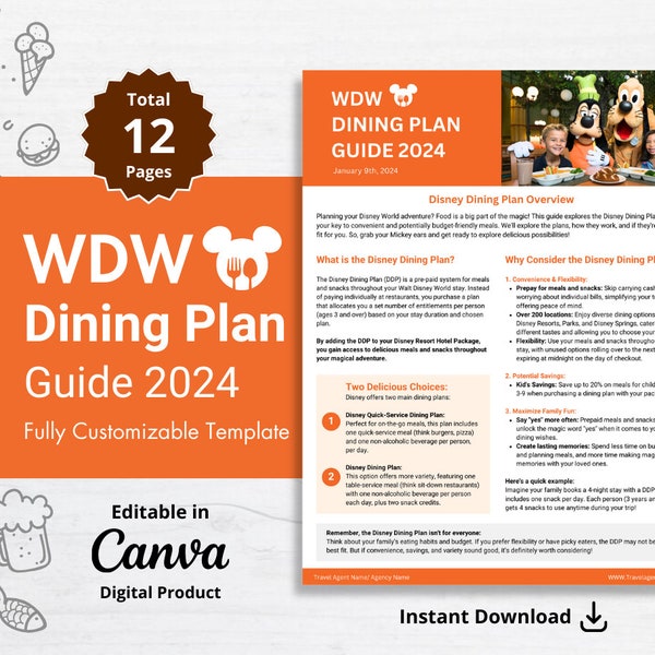 Ultimate WDW Dining Plan Guide 2024: Editable CANVA Template for Travel Agents with Participating Dining Locations List, 12 Editable Pages