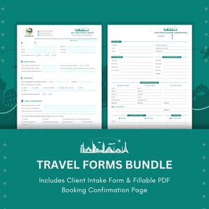 May include: A digital download bundle of printable travel forms. The bundle includes a client intake form and a fillable PDF booking confirmation page. The forms are designed with a modern, clean aesthetic and feature a green color scheme.
