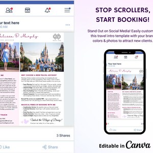 May include: A social media post template for travel advisors. The template features a photo of a woman in front of a castle, a photo of the castle, and text that says "Stop Scrollers, Start Booking!" and "Unlock the Magic of Disney!" The template is editable in Canva.