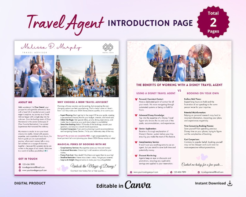 May include: A pink and purple printable introduction page for a Disney travel agent. The page features a photo of Cinderella in front of the Magic Kingdom. The text on the page includes the benefits of working with a Disney travel agent versus booking on your own. The page also includes a section about the travel agent and their magical perks of booking with them. The page is editable in Canva and includes an instant download.