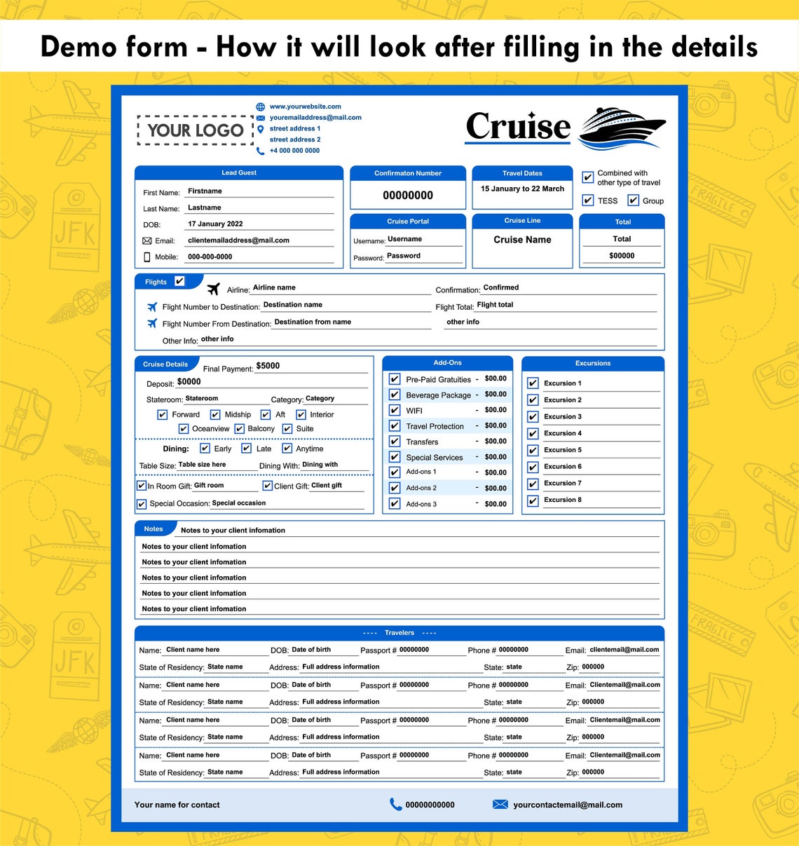 Travel Agent Booking Forms Fillable & Printable PDF Including Etsy