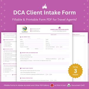May include: A printable Disney vacation quote form with a pink background and a castle graphic. The form is divided into three sections: All About You, Resort and Accommodation, and Theme Park Tickets. The form is fillable and printable in Adobe Acrobat and other PDF editors.