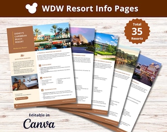 Strony informacyjne WDW Resort dla agentów podróży — edytowalny szablon CANVA (łącznie 35 ośrodków) z szablonem strony z ofertami WDW — strony jednokolorowe