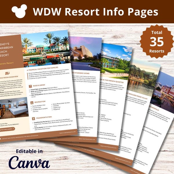 WDW Resort Info Pages for Travel Agent - Editable CANVA Template (total 35 resorts) with WDW Quote Page Template - Single Colour Pages