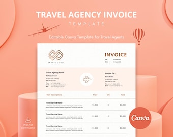 Editable Travel Agency Invoice Template for Travel Agents & Advisors – Customizable in Canva – Instant PDF Download, Professional Invoice