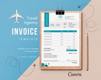 Travel Agency Invoice Template for Agents & Advisors – Fully Editable in Canva – Instant Download PDF, Modern Design Travel Invoice Template