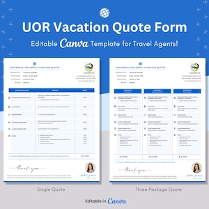 May include: A blue and white printable vacation quote form template for travel agents. The form is titled "Universal Orlando Vacation Quote" and includes a section for pricing and a "Thank you" message. The template is editable in Canva.