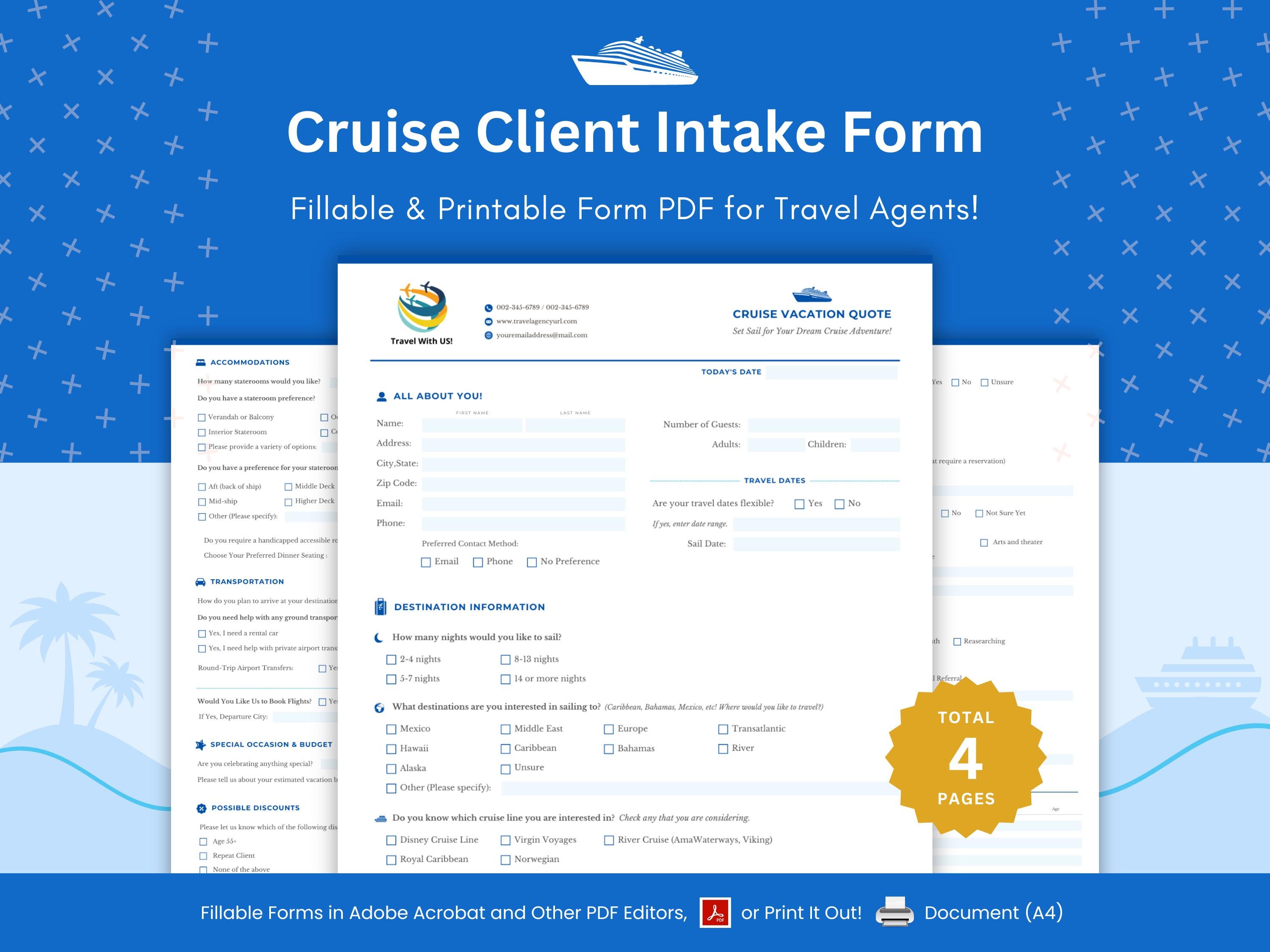 Cruise Client Intake Form Fillable PDF Template for Travel Agents – 4 Pages for Seamless Trip Planning