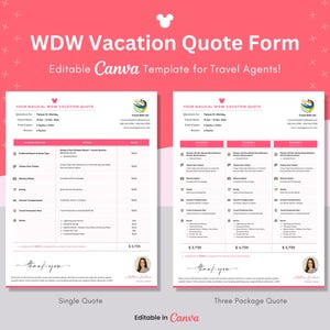 May include: A printable quote form template for travel agents, featuring a pink and white design with a Disney Mickey Mouse icon. The form includes sections for "Your Magical WDW Vacation Quote" and "Three Package Quote".