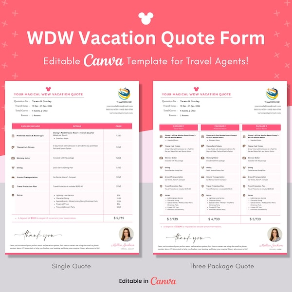 WDW Vacation Quote Template for Travel Agents Fully Editable in Canva Single and Three-Package Quote