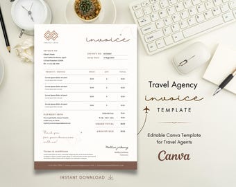 Elegancki szablon faktury za podróże dla agentów i doradców podróży – edytowalny w Canva – natychmiastowy plik PDF do pobrania, minimalistyczny projekt szablonu faktury