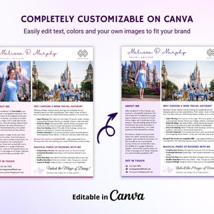 May include: A pink and purple flyer with a photo of a woman in a blue dress. The flyer advertises travel advisor services with the text "Melissa D. Murphy, Travel Advisor". The flyer includes the text "Unlock the Magic of Disney!" and "Contact me today for a free quote."