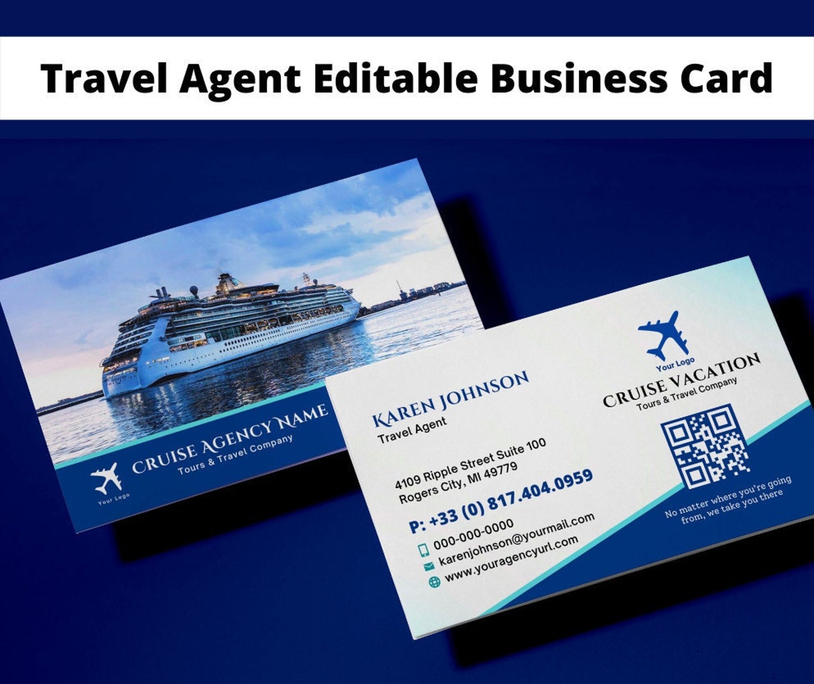 Travel Agent Business Card Customizable CANVA Template Cruise Travel
