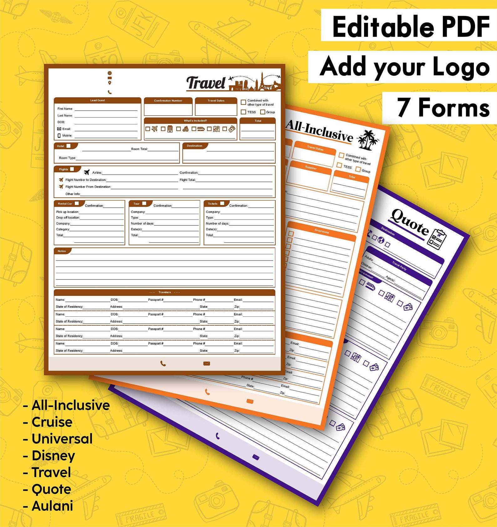 Travel Agent Booking Forms Fillable & Printable PDF Including a Quote