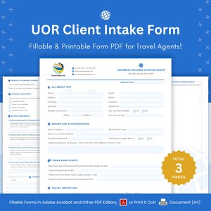 Op de afbeelding: Een printbaar Universal Orlando Vacation Quote-formulier met een blauw, wit en rood kleurenschema. Het formulier is onderverdeeld in secties met koppen zoals "Alles over jou", "Resort en accommodatie", "Themaparktickets" en "Reisbescherming". Het formulier is ontworpen voor reisagenten om klantgegevens te verzamelen voor het boeken van Universal Orlando-vakanties.