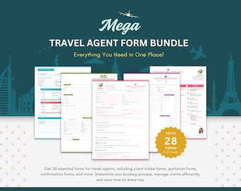 Mega Travel Agent Forms Bundle – 28 Forms: Editable Quotes (Canva Template), Client Intake, Confirmation & Flight Forms (Fillable PDFs)