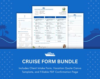 Pakiet formularzy rejsowych – szablon wyceny (edytowalny w Canva), formularz przyjęcia klienta i strona potwierdzenia (wypełnialny plik PDF) dla agentów podróży rejsowych