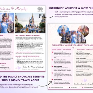 May include: A pink and purple template for a Disney travel agent's business card. The template features a cartoon image of Cinderella's castle and text that reads "Introduce Yourself & Wow Clients". The text also reads "Land the Magic! Showcase Benefits of Using a Disney Travel Agent".
