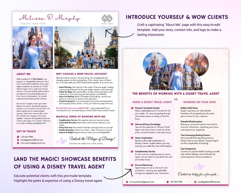 May include: A pink and purple template for a Disney travel agent's business card. The template features a cartoon image of Cinderella's castle and text that reads "Introduce Yourself & Wow Clients". The text also reads "Land the Magic! Showcase Benefits of Using a Disney Travel Agent".