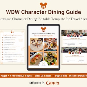 Guia de jantar com personagens WDW com 14 experiências, modelo totalmente editável em CANVA para agentes de viagens