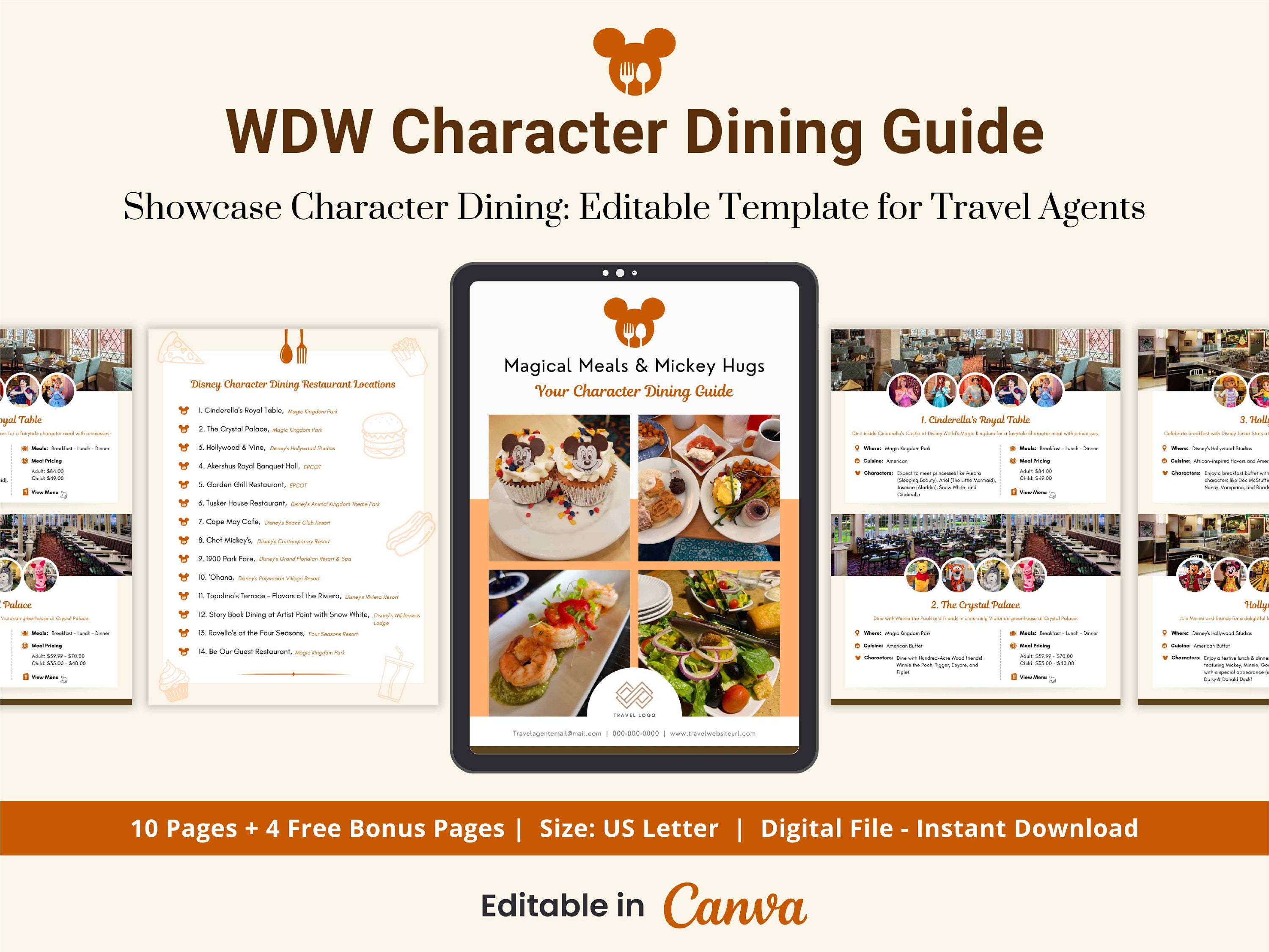 WDW Character Dining Guide with 14 Experiences, Fully Editable Template in CANVA for Travel Agents