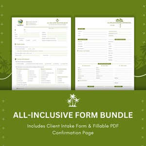 May include: A printable form bundle for vacation quotes and confirmations. The forms are white with black text and green accents. The text on the forms reads "All-Inclusive Vacation Quotes" and "All-Inclusive Booking Confirmation". The bundle includes a client intake form and a fillable PDF confirmation page.