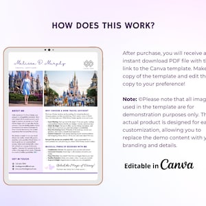 May include: A digital template for a travel advisor's business card. The template features a photo of a woman in front of Cinderella's Castle at Walt Disney World. The text on the template reads "Melissa D. Murphy, Travel Advisor" and "Unlock the Magic of Disney!" The template is editable in Canva.