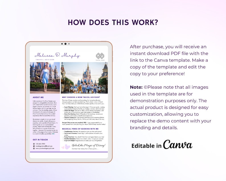 May include: A digital template for a travel advisor's business card. The template features a photo of a woman in front of Cinderella's Castle at Walt Disney World. The text on the template reads "Melissa D. Murphy, Travel Advisor" and "Unlock the Magic of Disney!" The template is editable in Canva.
