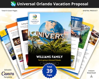 Szablon Canva z propozycją wakacji w Universal Orlando dla agentów podróży, w pełni konfigurowalny, 40 stron