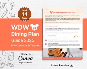 Ultimate WDW Dining Plan Guide 2025: Editable CANVA Template for Travel Agents with Participating Dining Locations List, 12 Editable Pages