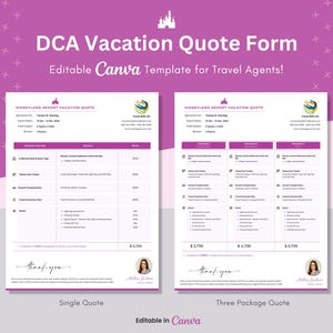 Könnte beinhalten: Eine druckbare Urlaubsangebot-Formularvorlage für Reisebüros. Das Formular ist für Disneyland Resort-Urlaube konzipiert und enthält einen Abschnitt für Reisedetails, Paketangebote und Preise. Die Vorlage ist in Canva bearbeitbar.