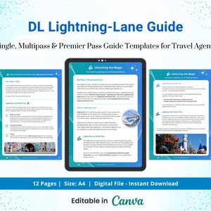 May include: A digital guide template for travel agents, titled "DL Lightning-Lane Guide". The guide is designed to help travel agents explain the Lightning Lane system at Disney World. The guide is 12 pages long and is available as a digital file for instant download. The guide is editable in Canva.