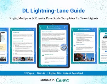 Przewodnik po pasach DLR Lightning – Multi-Pass, Single Pass i Premier Pass – 12-stronicowy edytowalny szablon Canva dla agentów podróży, natychmiastowe pobranie pliku PDF