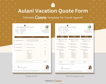 Szablon formularza wyceny wakacji w ośrodku wypoczynkowym Aulani dla agentów podróży, w pełni edytowalny w Canva Wycena pojedynczego i trzech pakietów