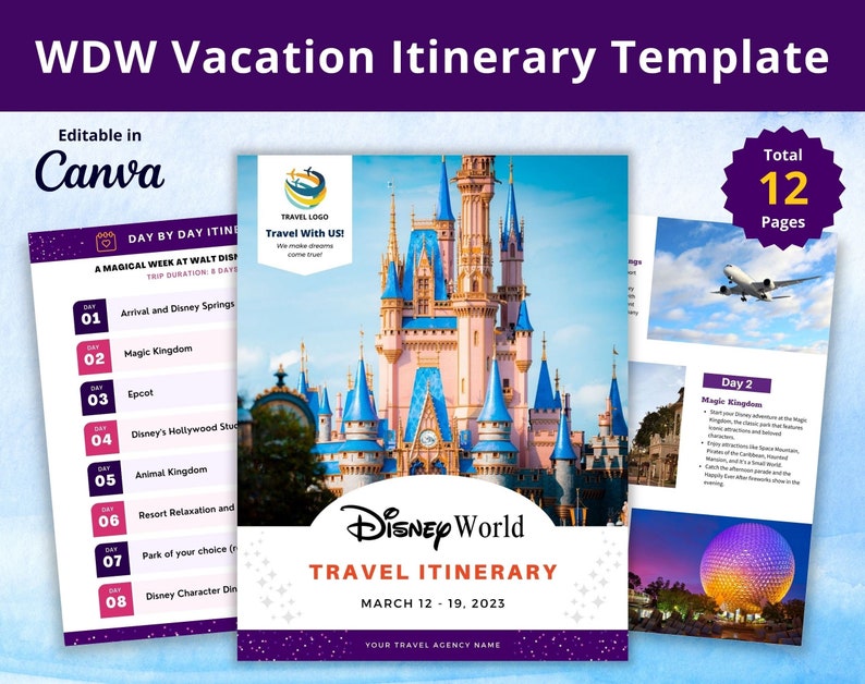 WDW Itinerary Planner Template, Travel Agent Template Editable in CANVA - Detailed Itinerary ...