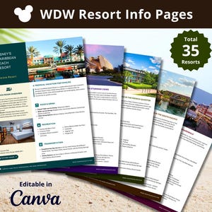 Páginas de informações do resort WDW para agentes de viagens - modelo CANVA editável (total de 35 resorts) com modelo de página de cotação WDW - modelo de páginas coloridas