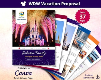 Szablon Canva propozycji wakacji WDW dla agentów podróży (w pełni konfigurowalny, 37 edytowalnych stron) + 3 strony tytułowe