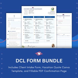 May include: A digital bundle of printable forms for Disney Cruise Line vacations. The bundle includes a client intake form, a vacation quote template, and a fillable PDF confirmation page. The forms are designed to help travel agents and planners organize and manage their clients' cruise bookings.
