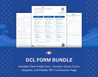 Pakiet formularzy DCL – formularz przyjęcia klienta (wypełniany plik PDF), edytowalna oferta (Canva) i strona potwierdzenia (wypełniany plik PDF) dla agentów podróży rejsowych