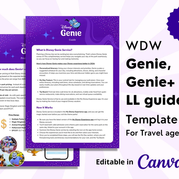 Bewerkbare WDW Genie & Genie Plus Gids LL- Themaparksjabloon - CANVA-sjabloon - 9 pagina's voor reisbureau