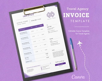 Szablon faktury dla agenta podróży dla branży turystycznej – edytowalny w Canva – natychmiastowe pobranie pliku PDF, profesjonalny szablon faktury dla branży turystycznej